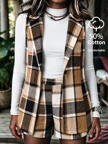Linhara CURVE Autumn/Winter Women's New Plus Size Plaid Set Sleeveless Vest Shorts Casual Smart Elegant Thanksgiving Brunch Office White Brown - Brown - View 1