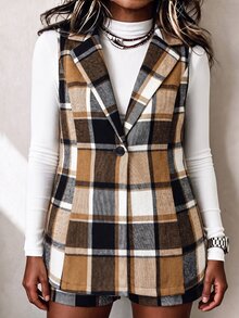 Linhara CURVE Autumn/Winter Women's New Plus Size Plaid Set Sleeveless Vest Shorts Casual Smart Elegant Thanksgiving Brunch Office White Brown - Brown - View 5