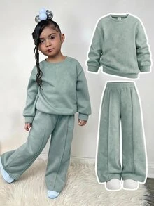SHEIN Girls' Autumn/Winter Sweatshirt And Wide Leg Pants 2 Pieces Set, Loose Casual Minimalist Versatile Style Kids - Green - View 2