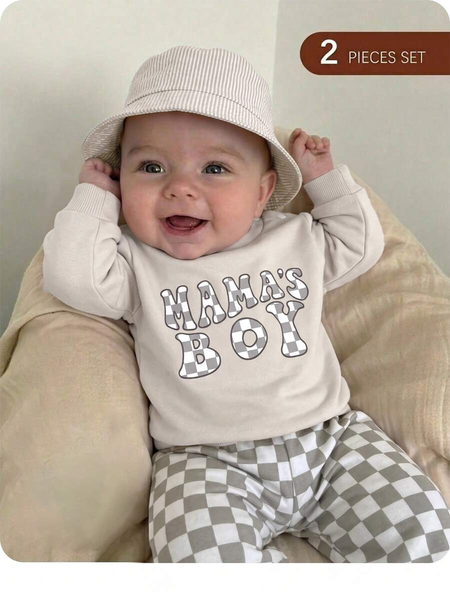 SHEIN Unisex Baby Boy/Girl, Toddler 2pcs Autumn/Winter Casual Cute Checkered Sweatshirt Set, Baby Tracksuit, Baby Winter Clothes - Grey - View 1