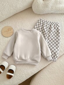SHEIN Unisex Baby Boy/Girl, Toddler 2pcs Autumn/Winter Casual Cute Checkered Sweatshirt Set, Baby Tracksuit, Baby Winter Clothes - Grey - View 2