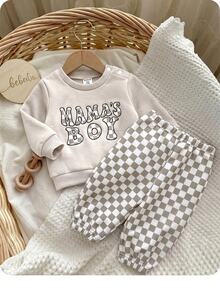 SHEIN Unisex Baby Boy/Girl, Toddler 2pcs Autumn/Winter Casual Cute Checkered Sweatshirt Set, Baby Tracksuit, Baby Winter Clothes - Grey - View 3