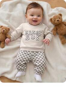 SHEIN Unisex Baby Boy/Girl, Toddler 2pcs Autumn/Winter Casual Cute Checkered Sweatshirt Set, Baby Tracksuit, Baby Winter Clothes - Grey - View 5