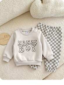 SHEIN Unisex Baby Boy/Girl, Toddler 2pcs Autumn/Winter Casual Cute Checkered Sweatshirt Set, Baby Tracksuit, Baby Winter Clothes - Grey - View 6