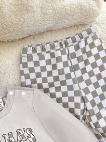 SHEIN Unisex Baby Boy/Girl, Toddler 2pcs Autumn/Winter Casual Cute Checkered Sweatshirt Set, Baby Tracksuit, Baby Winter Clothes - Grey - View 9