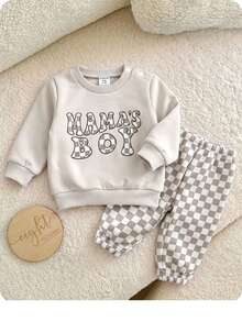 SHEIN Unisex Baby Boy/Girl, Toddler 2pcs Autumn/Winter Casual Cute Checkered Sweatshirt Set, Baby Tracksuit, Baby Winter Clothes - Grey - View 7