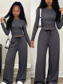 SHEIN 青少年女孩豹紋長袖抓皺T恤與寬腿褲休閒套裝 - 黑色 - 查看 1