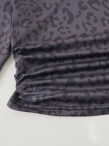 SHEIN 青少年女孩豹紋長袖抓皺T恤與寬腿褲休閒套裝 - 黑色 - 查看 6