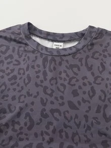 SHEIN 青少年女孩豹紋長袖抓皺T恤與寬腿褲休閒套裝 - 黑色 - 查看 7