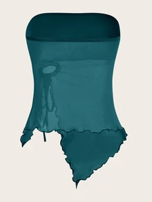 SHEIN ICON Lettuce Trim Decorated Strapless Top - Teal Blue - View 2
