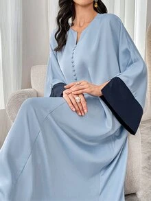 Al Najma 女式 V 领撞色喇叭袖长款阿拉伯连衣裙，朴素长袖优雅风格全罩式连衣裙，适合日常休闲/节日/晚会/婚礼宾客 - 彩色 - 查看 9