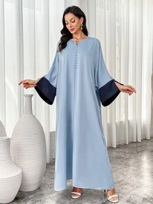 Al Najma 女式 V 领撞色喇叭袖长款阿拉伯连衣裙，朴素长袖优雅风格全罩式连衣裙，适合日常休闲/节日/晚会/婚礼宾客 - 彩色 - 查看 5