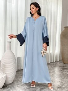 Al Najma 女式 V 领撞色喇叭袖长款阿拉伯连衣裙，朴素长袖优雅风格全罩式连衣裙，适合日常休闲/节日/晚会/婚礼宾客 - 彩色 - 查看 7