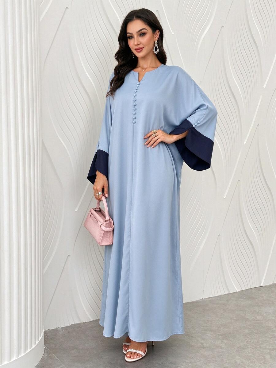 Al Najma 女式 V 领撞色喇叭袖长款阿拉伯连衣裙,朴素长袖优雅风格全罩式连衣裙,适合日常休闲/节日/晚会/婚礼宾客 - 彩色 - 查看 1
