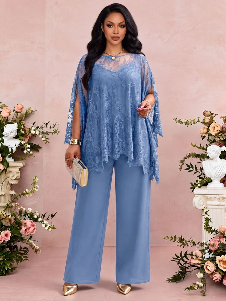 Fleurora Plus Size Women's Lace Cape Sleeve Top And Pants Elegant Celestial Two Pieces Set Wedding Dinner Formal Party Blue Light Navy Blue Autumn Fall - Dusty Blue - View 1