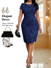 Fleurora Plus Size Women's Tie-Dye Round Neck Short Sleeve Pleated Elegant Dress - Navy Blue - View 5