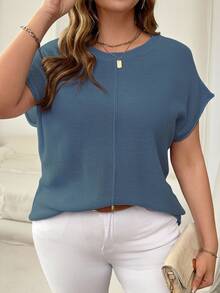 Flirla Plus Size Solid Color Knit Sweater, Simple Office Wear - Dusty Blue - View 4