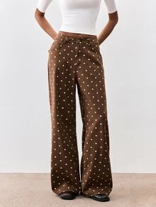 ATUI Studio 秋冬優雅休閒商務基本款萬聖節外出女款休閒復古棕色與白色波點牛仔褲日常秋季 - 棕色 - 查看 6