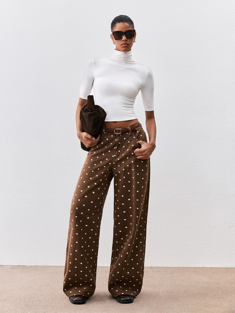 ATUI Studio Fall/Winter Elegant Casual Business Basic Halloween Going Out Women's Casual Retro Brown And White Polka Dot Denim Jeans Everyday Fall - Brown - View 7
