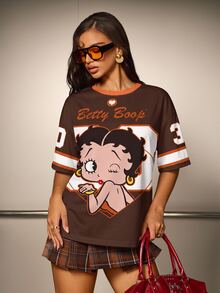 Betty Boop x SHEIN Women's Letter Cartoon Print Short Sleeve Casual Crew Neck T-Shirt - White - View 1
