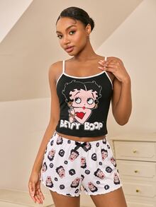 Betty Boop x SHEIN Women's Camisole And Shorts Pajama Set - Black and White - View 1