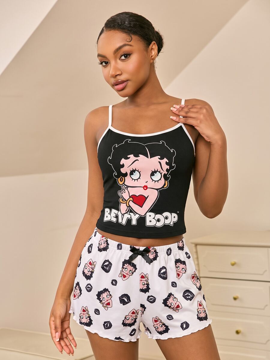 Betty Boop x SHEIN Women's Camisole And Shorts Pajama Set - Black and White - View 1