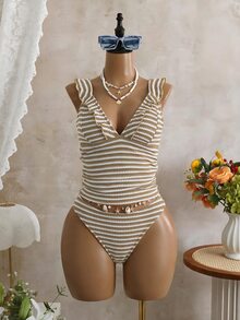 Swim Vcay Set Pakaian Pantai Wanita 2 Potong Musim Semi/Panas, Modis, Imut, Seksi, Cocok untuk Liburan di Tepi Laut, Pesta Kolam Renang, Warna Polos, Kain Bertekstur, Atasan Tank Top Berkerut dan Bawahan Bikini - MultiWarna - View 4