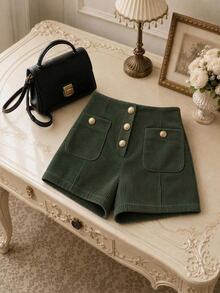 Suri Mira Women's Elegant Button Pocket Shorts For Office And Commuting - Olive Green - View 2