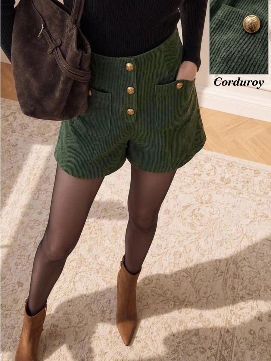 Suri Mira Women's Elegant Button Pocket Shorts For Office And Commuting - Olive Green - View 1