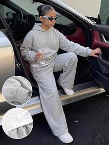 SHEIN 青少年女孩連帽衫與運動衫套裝，休閒極簡寬鬆柔軟加厚連帽運動衫與寬腿運動長褲2件套，適合秋冬日常、街頭、外出、放鬆 - 灰色 - 查看 4