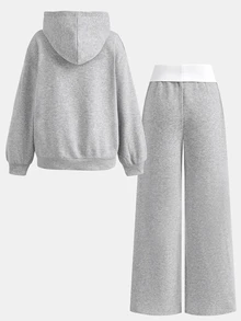 SHEIN 青少年女孩連帽衫與運動衫套裝，休閒極簡寬鬆柔軟加厚連帽運動衫與寬腿運動長褲2件套，適合秋冬日常、街頭、外出、放鬆 - 灰色 - 查看 2