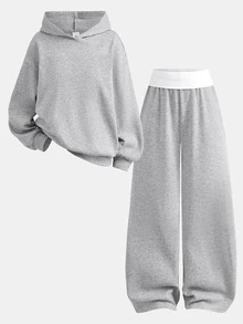 SHEIN 青少年女孩連帽衫與運動衫套裝，休閒極簡寬鬆柔軟加厚連帽運動衫與寬腿運動長褲2件套，適合秋冬日常、街頭、外出、放鬆 - 灰色 - 查看 3
