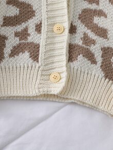 Back-To-School Leopard Print Button-Front Cardigan For School Girl, Autumn Winter Young Girls Knit Sweater Jacket Cute Casual Clothes For Big Girl Toddler - Khaki - View 4