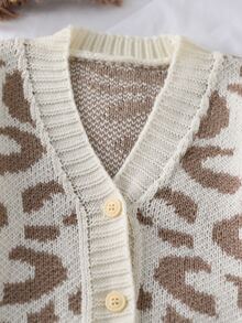 Back-To-School Leopard Print Button-Front Cardigan For School Girl, Autumn Winter Young Girls Knit Sweater Jacket Cute Casual Clothes For Big Girl Toddler - Khaki - View 3