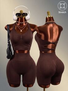 Zolique Women's Solid Color Backless Halter Top And Shorts Sports Set - Brown - View 1