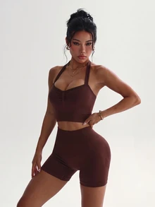 Zolique Women's Solid Color Backless Halter Top And Shorts Sports Set - Brown - View 11