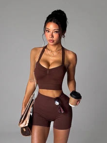 Zolique Women's Solid Color Backless Halter Top And Shorts Sports Set - Brown - View 7