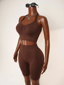 Zolique Women's Solid Color Backless Halter Top And Shorts Sports Set - Brown - View 3