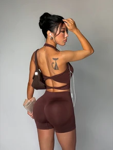 Zolique Women's Solid Color Backless Halter Top And Shorts Sports Set - Brown - View 9