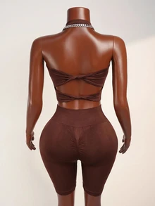 Zolique Women's Solid Color Backless Halter Top And Shorts Sports Set - Brown - View 2
