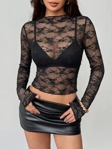 EgrlEra Women's Lace Elastic Peony Floral Sheer Sexy Top (Random Cut) Halloween Night Club Night Out Black Floral Autumn - Black - View 5