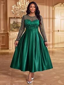 Fleurora Plus Size Women's Contrast Mesh Round Neck Long Sleeve Pleated Design Elegant Celestial Dress Wedding Dinner Formal Emerald Green Autumn Fall - Dark Green - View 1