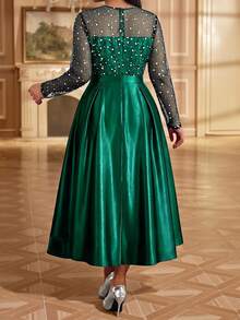 Fleurora Plus Size Women's Contrast Mesh Round Neck Long Sleeve Pleated Design Elegant Celestial Dress Wedding Dinner Formal Emerald Green Autumn Fall - Dark Green - View 2