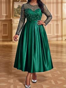 Fleurora Plus Size Women's Contrast Mesh Round Neck Long Sleeve Pleated Design Elegant Celestial Dress Wedding Dinner Formal Emerald Green Autumn Fall - Dark Green - View 4