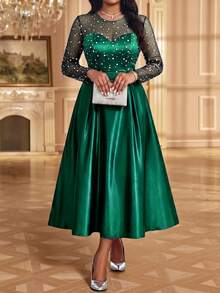 Fleurora Plus Size Women's Contrast Mesh Round Neck Long Sleeve Pleated Design Elegant Celestial Dress Wedding Dinner Formal Emerald Green Autumn Fall - Dark Green - View 5