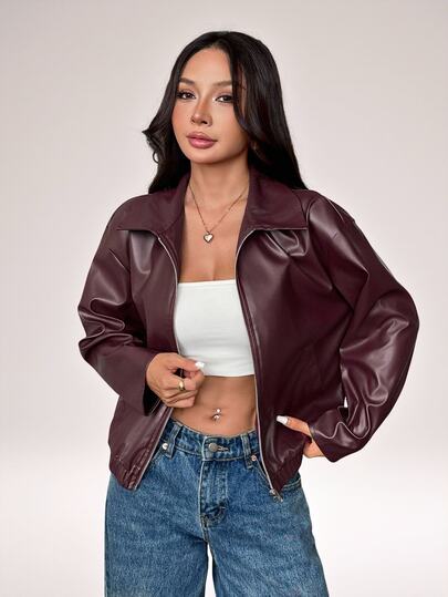 SHEIN PETITE Chaqueta de cuero PU rojo estilo rockstar versátil y de moda para uso diario, adecuada para otoño/invierno, ropa de mujer, abrigos color borgoña