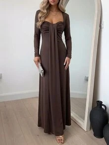 Allurite Dark Brown Knit Long Sleeve Cropped Cardigan, Bandeau Ruched Draped Long Ribbon Design Women's Two Pieces Set, Suitable For Date Dinner Fall Elegant - Brown - View 8