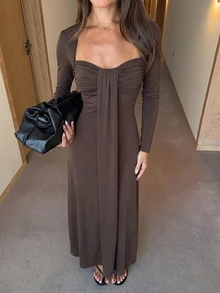Allurite Dark Brown Knit Long Sleeve Cropped Cardigan, Bandeau Ruched Draped Long Ribbon Design Women's Two Pieces Set, Suitable For Date Dinner Fall Elegant - Brown - View 5