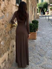 Allurite Dark Brown Knit Long Sleeve Cropped Cardigan, Bandeau Ruched Draped Long Ribbon Design Women's Two Pieces Set, Suitable For Date Dinner Fall Elegant - Brown - View 3