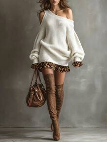 SHEIN Women's Asymmetric Collar Patchwork Leopard Print Fashion Loose Knit Dress - White - View 4